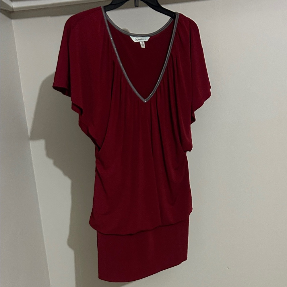 Speechless Burgundy V-Neck Cocktail Dress with Silver Trim